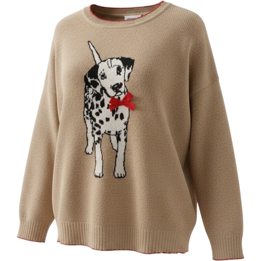Nikka K Dalmatian Dog Bow Sweater Tan Red Trim Crewneck 2X